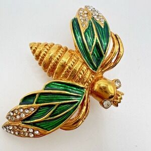 Vintage Enamel Bee Brooch French Designer CARVEN Gold Tone Green Modele Depose
